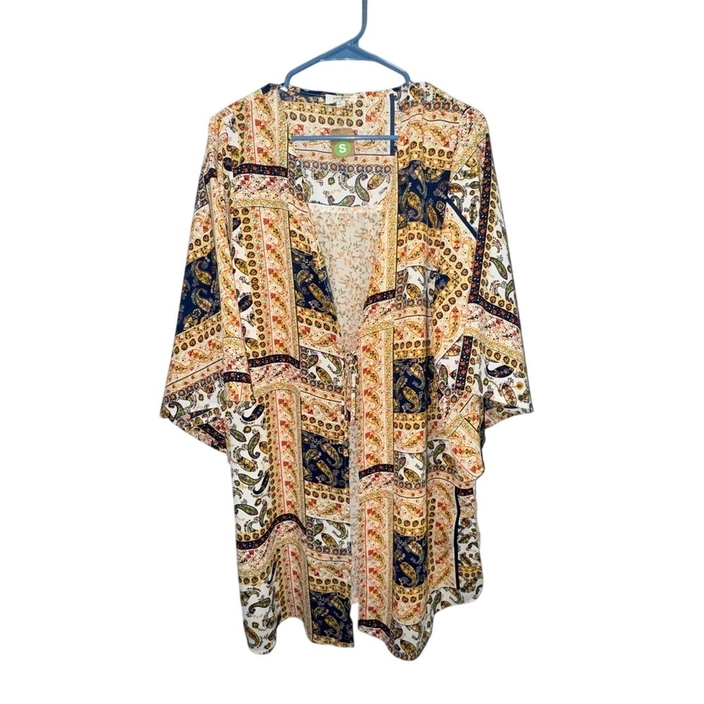 Umgee Womens Paisley‎ Patchwork Kimono Cardigan Wide Bell Sleeve Front Tie Small